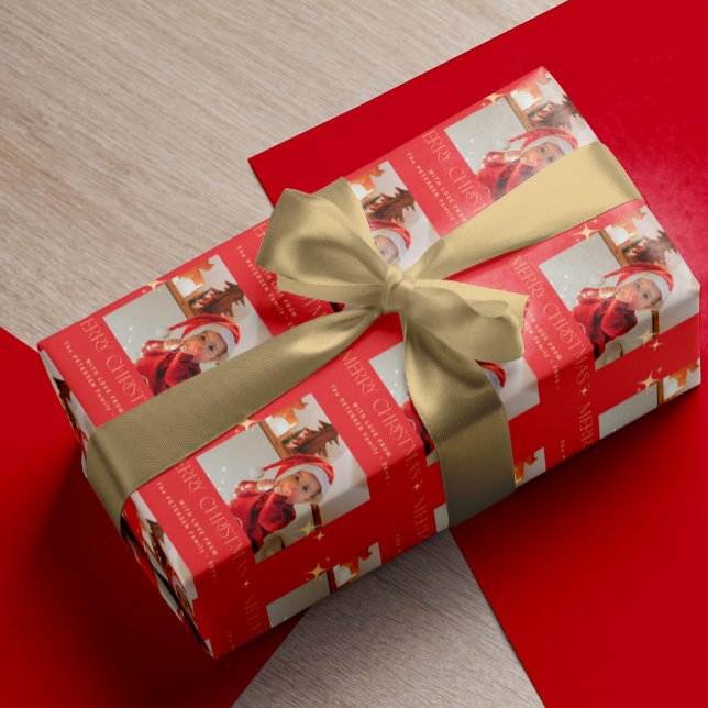 Papel De Regalo Fotos de navidad de merry texto rojo personalizado (Subido por el creador)