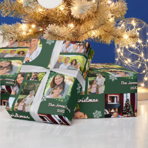 Papel De Regalo Fotos Familiares Feliz Navidad Verde Personalizada