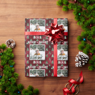 Papel De Regalo Fotos merry y brillantes Purpurina de metal rojo