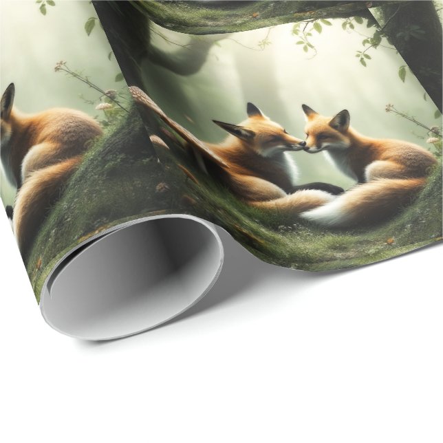 Papel De Regalo Fox Cuddle en un bosque polvoriento (Esquina del rollo)