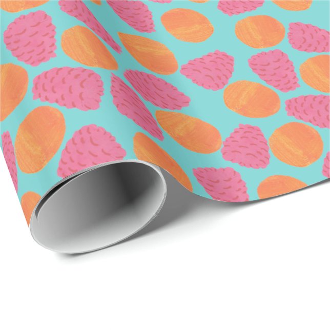 Papel De Regalo Frambuesas, mandarinas en azul turquesa brillante (Esquina del rollo)