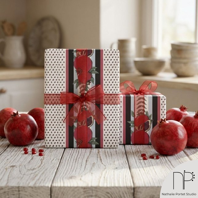 Papel De Regalo Franja de Semilla de Granada Moderna (Hand drawn pomegranate fruit and seed stripe pattern wrapping paper on neutral background)