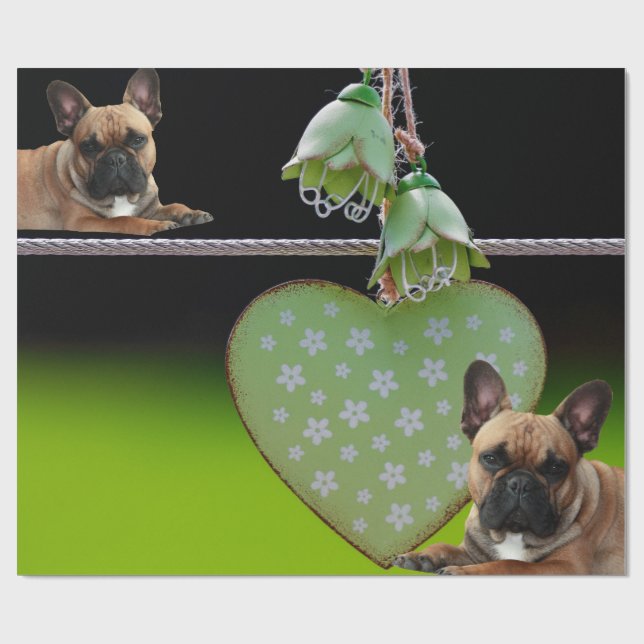 Papel De Regalo Französische Bulldogge Grünes Herz French Bulldog (Superficie plana)