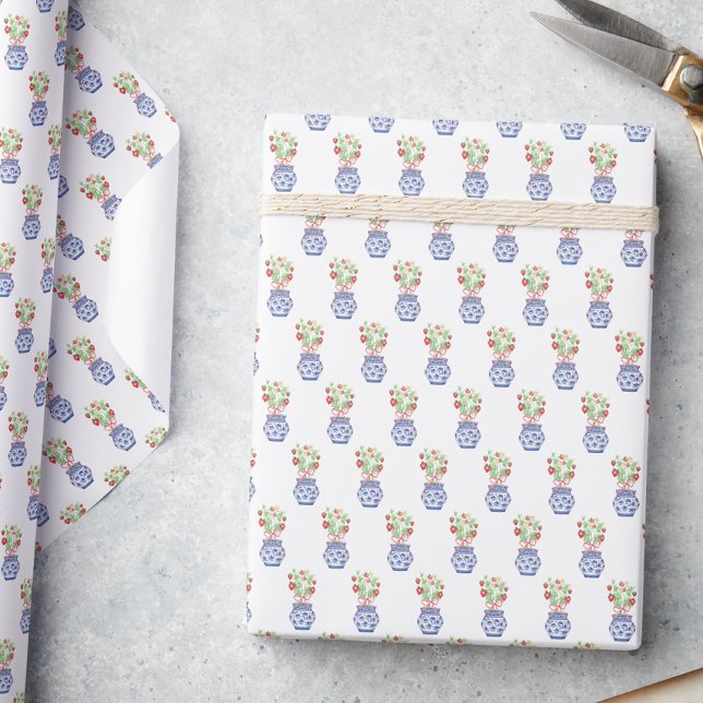 Papel De Regalo Frascos de Chinoiserie de fresas rojas (Subido por el creador)