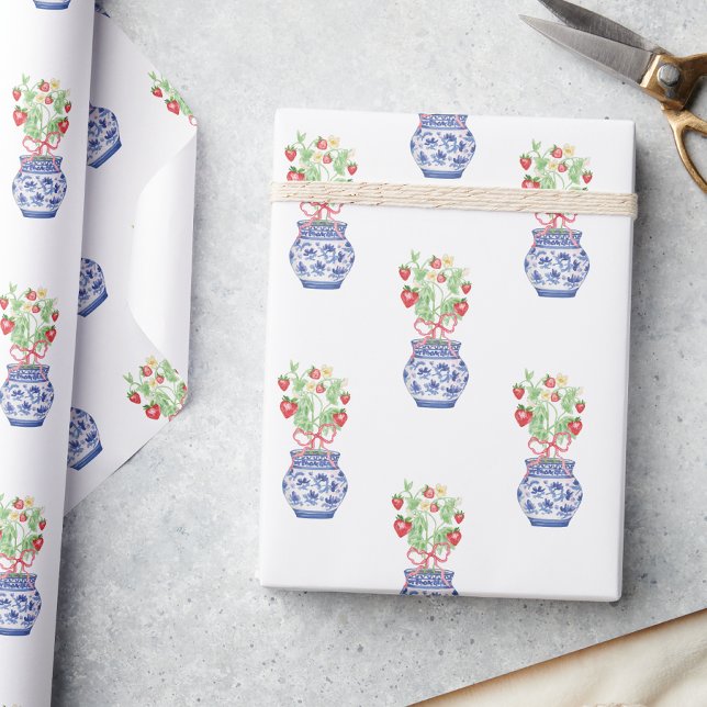 Papel De Regalo Frascos de Chinoiserie de fresas rojas (Subido por el creador)