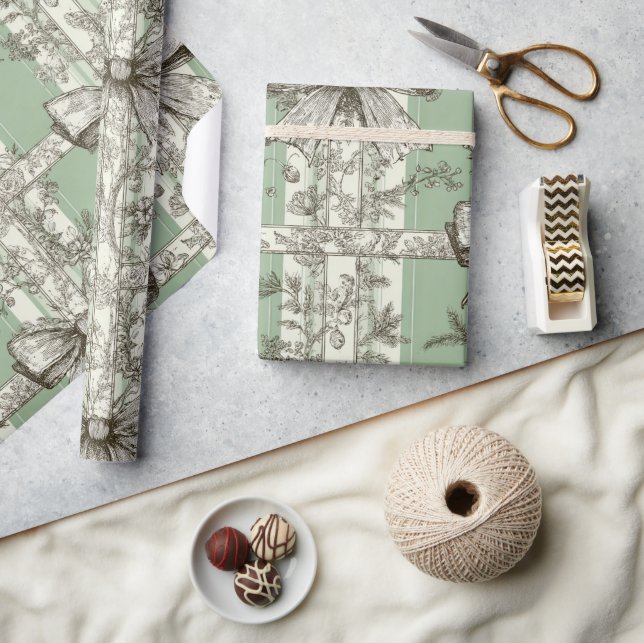 Papel De Regalo French Green Christmas Toile Bow Patterned (Artesanía)