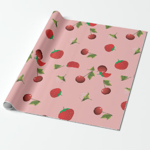 Papel De Regalo Fresa Roja y Patrón de Cereza Fruta Rosa