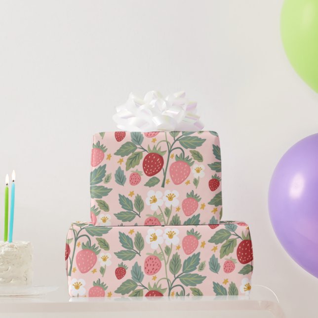 Papel De Regalo Fresa Rosa Botánica (Regalos de fiesta)