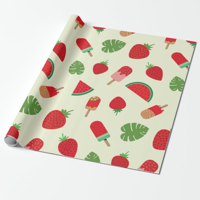 Papel De Regalo Fresa, sandía y pipesilas rojas (Desenrollado)