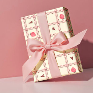 Papel De Regalo Fresas acuarela sobre cuadros rosados – San Valent