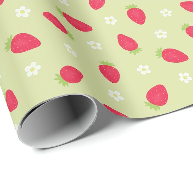 Papel De Regalo Fresas de Verano sobre Verde (gran escala) (Esquina del rollo)