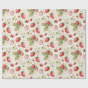 Papel De Regalo Fresas, hojas y flores de acuarela