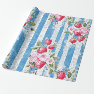 Papel De Regalo Fresas y flores antiguas en franjas azules