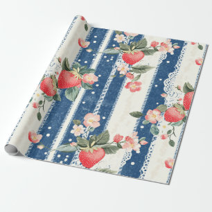 Papel De Regalo Fresas y flores antiguas en franjas azules (2)