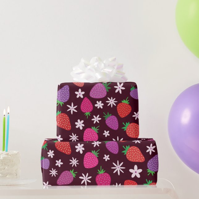 Papel De Regalo Fresas y patrón de flores blancas (Regalos de fiesta)