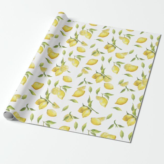Papel De Regalo Fresco Lemons Green Blossom Watercolor (Desenrollado)