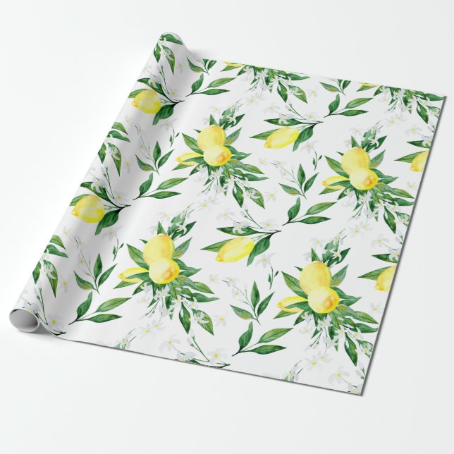Papel De Regalo Fresco Lemons Green Blossom Watercolor (Desenrollado)