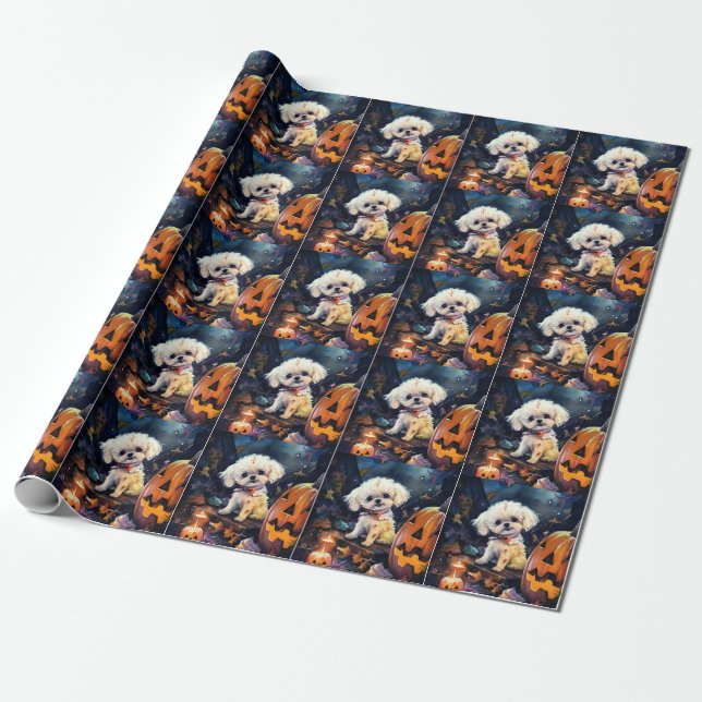 Papel De Regalo Frisa de Bichon de Halloween con calabazas asustad (Desenrollado)