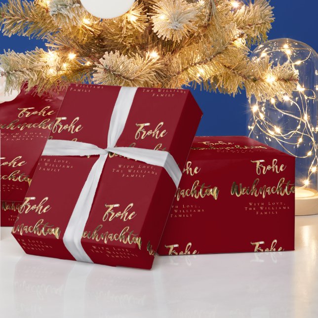 Papel De Regalo Frohe Weihnachten Elegant Red Gold Script German (Vacaciones)