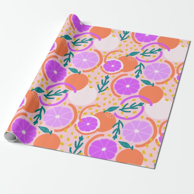 Papel De Regalo Fruta cítrica juguetona y limonada rosa confeti (Desenrollado)