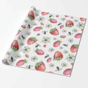 Papel De Regalo Fruta de fresa acuarela, abejas y flores