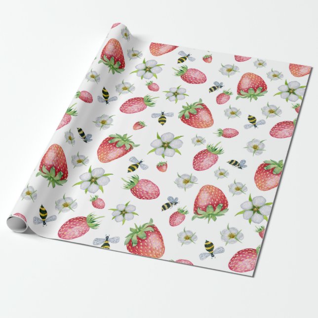 Papel De Regalo Fruta de fresa acuarela, abejas y flores (Desenrollado)