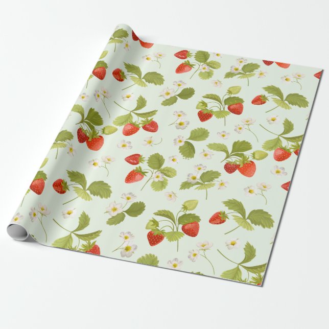 Papel De Regalo Fruta de fresa, hojas y flores (Desenrollado)