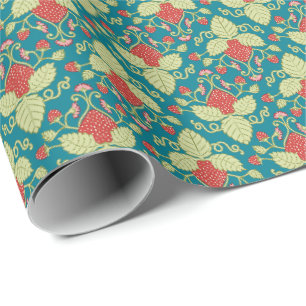 Papel De Regalo Fruta de Fresa Roja, Flores y Estolones