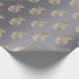Papel De Regalo Fruta de piña Faux Oro Tropical Verano Gris Gris