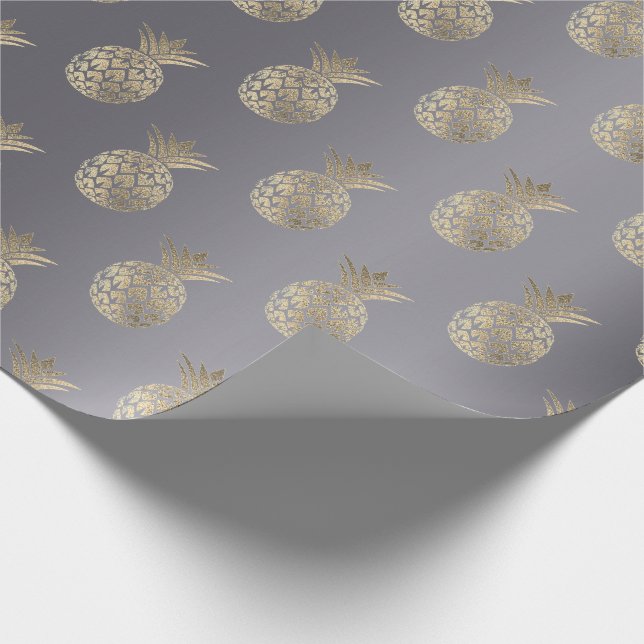 Papel De Regalo Fruta de piña Faux Oro Tropical Verano Gris Gris (Esquina)