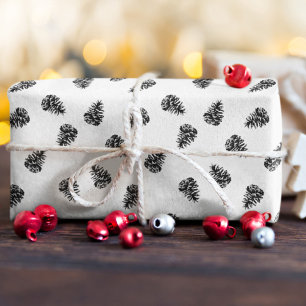 Papel De Regalo Fruta De Pino Blanco Y Negro Navidad Elegante