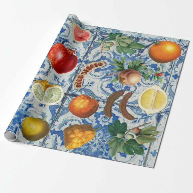 Papel De Regalo Fruta mediterránea de verano y mosaico blanco azul (Desenrollado)