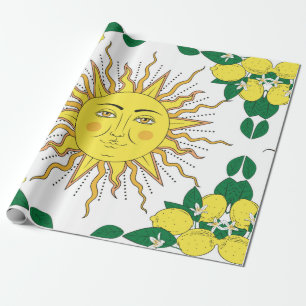 Papel De Regalo Frutas de limón cítrico tropical con flores y marc