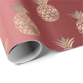 Papel De Regalo Frutas de piña Faux Gold Tropical Verano Borgoña