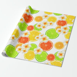 Papel De Regalo Frutas de verano frescas y flores de plumería exót