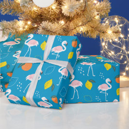 Papel De Regalo Frutas flamencas tropicales de fondo azul