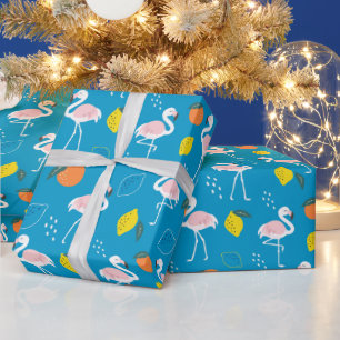 Papel De Regalo Frutas flamencas tropicales de fondo azul