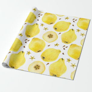 Papel De Regalo Frutas frescas de membrillo amarillo, acuarela tra