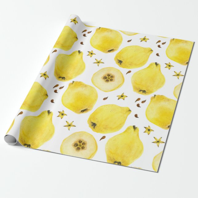 Papel De Regalo Frutas frescas de membrillo amarillo, acuarela tra (Desenrollado)