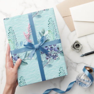 Papel De Regalo Frutas Moradas y Plumas Azules Sobre Turquesa Prof