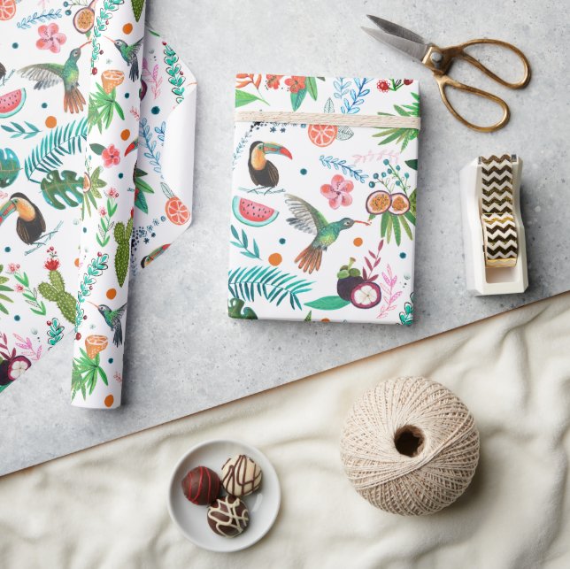 Papel De Regalo frutas tropicales y aves (Artesanía)