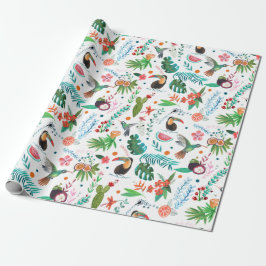 Papel De Regalo frutas tropicales y aves