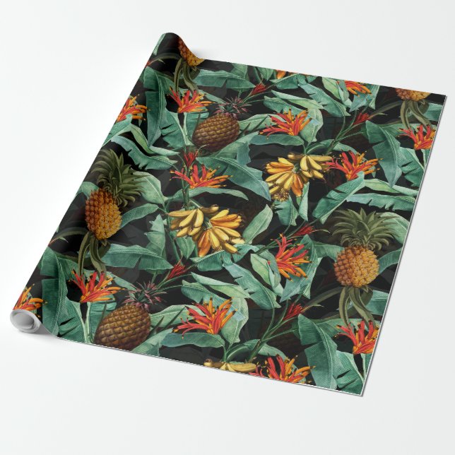 Papel De Regalo Frutas tropicales y selva floral sobre negro (Desenrollado)