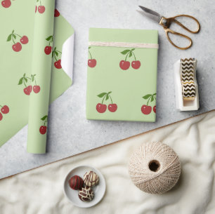 Papel De Regalo Frutas Vintage Patrón de Cereza Verde y Roja Prima