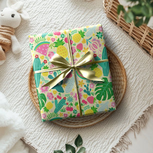 Papel De Regalo Frutas y Cactus Festival Tropical Amarillo Suave