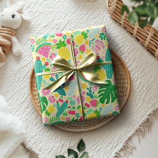 Papel De Regalo Frutas y Cactus Festival Tropical Amarillo Suave
