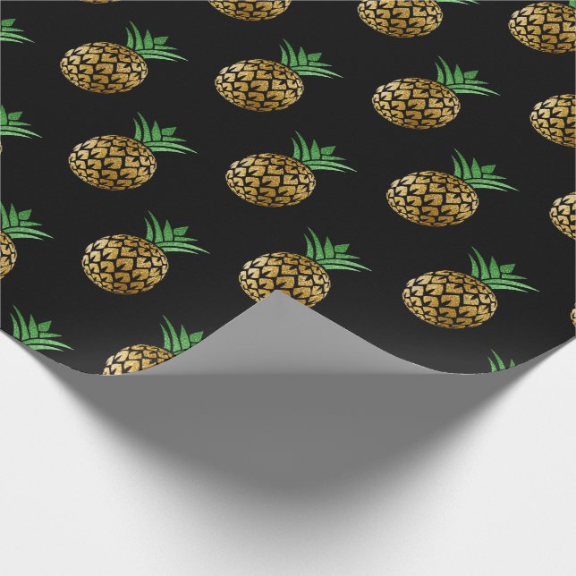 Papel De Regalo Fruto de piña de verano tropical oro negro verde (Esquina)