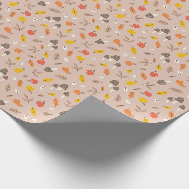 Papel De Regalo Frutos de otoño, setas y hojas marrón claro (Esquina)
