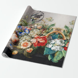 PAPEL DE REGALO FRUTOS, FLORES, TUMBONAS, PAREDES Y PÁJARO PEQUEÑO