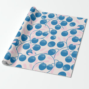 Papel De Regalo Frutos redondos azules con hojas rosadas, en p.